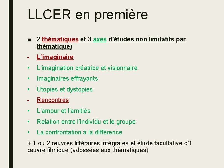 LLCER en première ■ 2 thématiques et 3 axes d’études non limitatifs par thématique)
