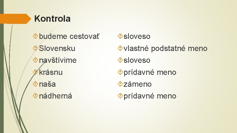 Kontrola budeme cestovať Slovensku navštívime krásnu naša nádherná sloveso vlastné podstatné meno sloveso prídavné