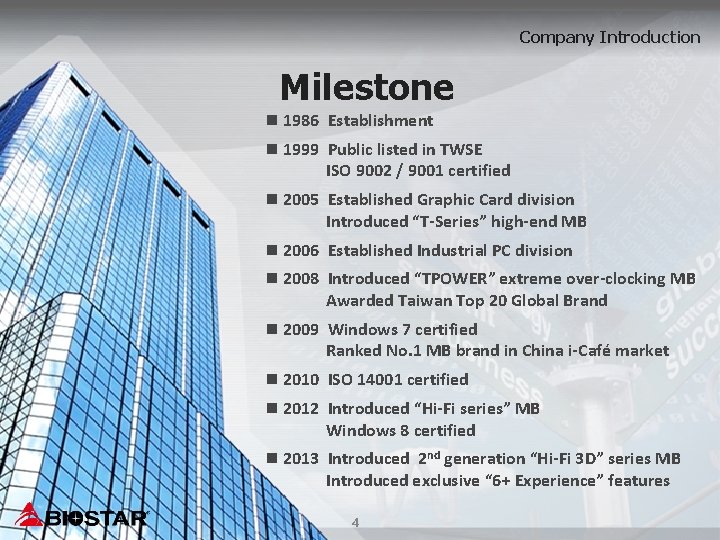 Company Introduction Milestone n 1986 Establishment n 1999 Public listed in TWSE ISO 9002