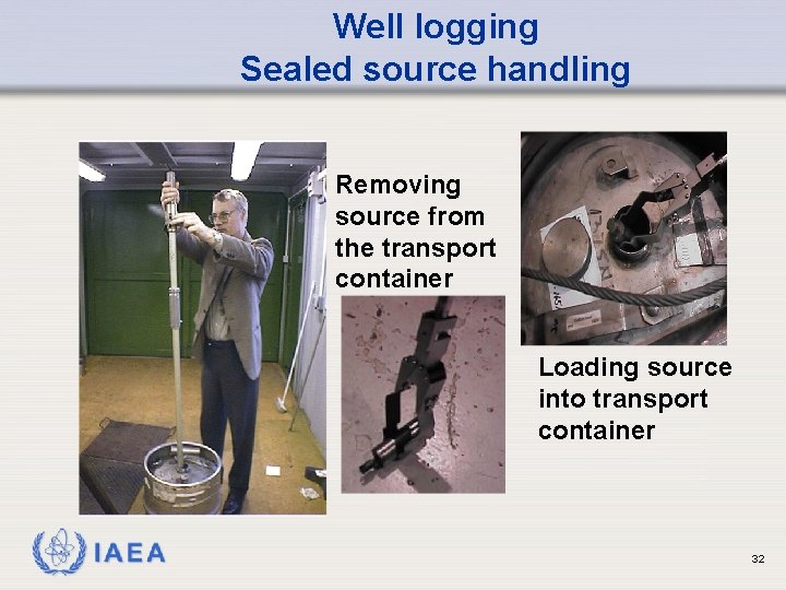 Well logging Sealed source handling Removing source from the transport container Loading source into
