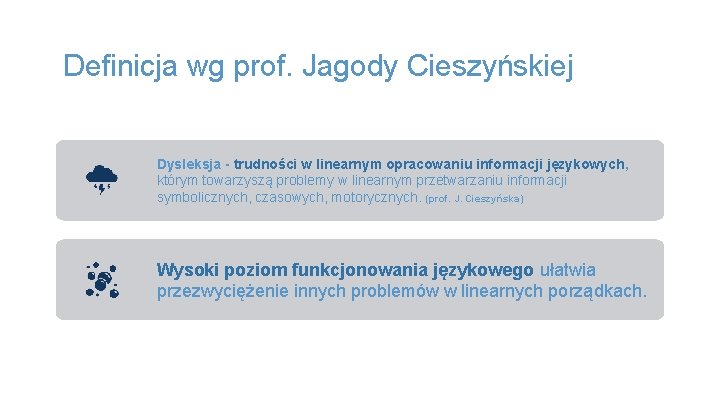 Definicja wg prof. Jagody Cieszyńskiej Dysleksja - trudności w linearnym opracowaniu informacji językowych, którym