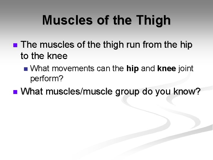 Muscles of the Thigh n The muscles of the thigh run from the hip