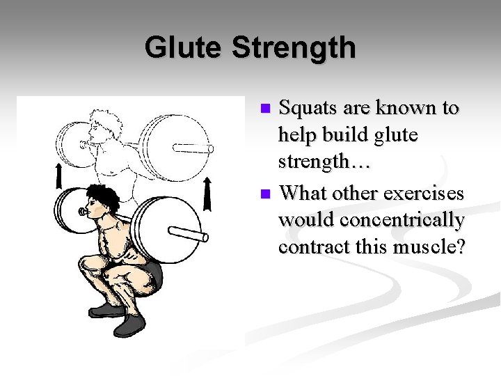 Glute Strength Squats are known to help build glute strength… n What other exercises