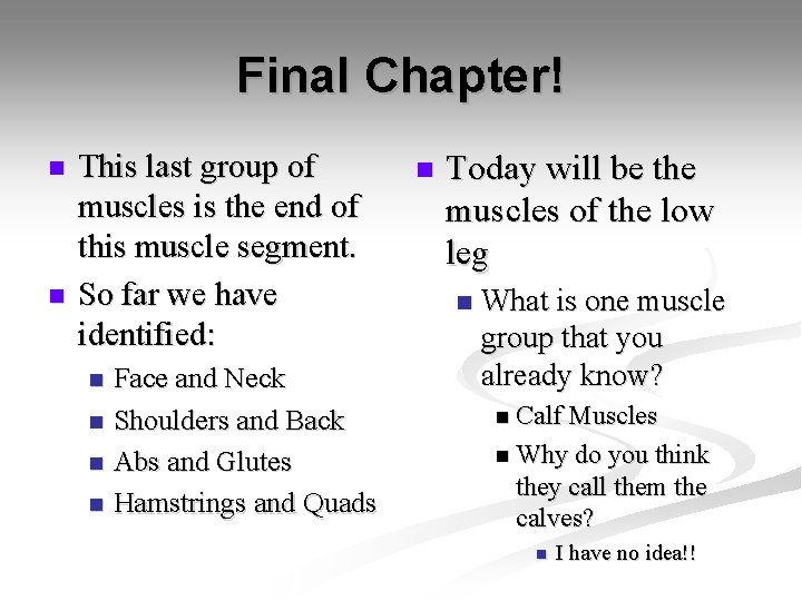Final Chapter! n n This last group of muscles is the end of this