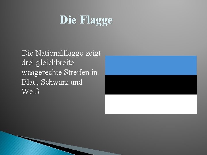 Die Flagge Die Nationalflagge zeigt drei gleichbreite waagerechte Streifen in Blau, Schwarz und Weiß