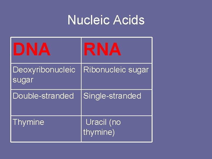 Nucleic Acids DNA RNA Deoxyribonucleic Ribonucleic sugar Double-stranded Single-stranded Thymine Uracil (no thymine) 
