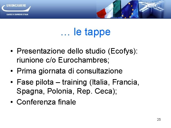 … le tappe • Presentazione dello studio (Ecofys): riunione c/o Eurochambres; • Prima giornata