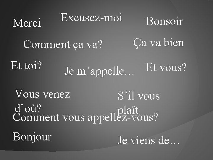 Merci Excusez-moi Comment ça va? Et toi? Bonsoir Ça va bien Je m’appelle… Et