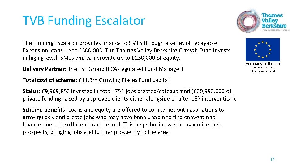 TVB Funding Escalator The Funding Escalator provides finance to SMEs through a series of