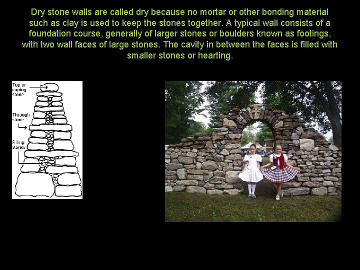 Dry stone walls are called dry because no mortar or other bonding material such