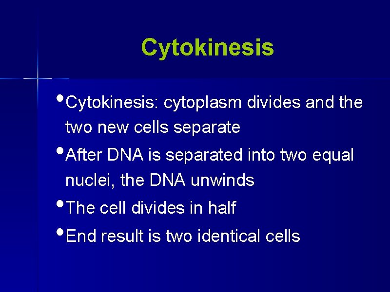 Cytokinesis • Cytokinesis: cytoplasm divides and the two new cells separate • After DNA