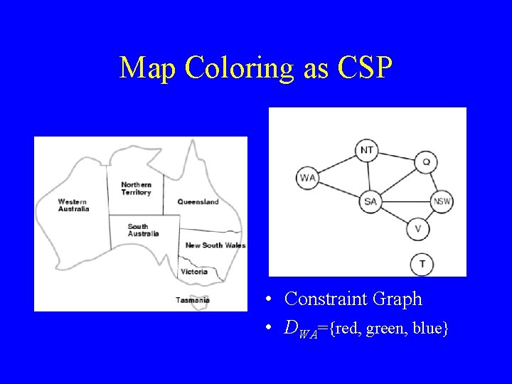 Map Coloring as CSP • Constraint Graph • DWA={red, green, blue} 