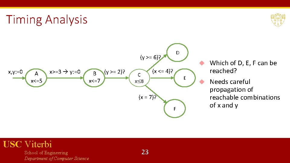 Timing Analysis (y >= 6)? x, y: =0 A x<=5 x>=3 y: =0 D
