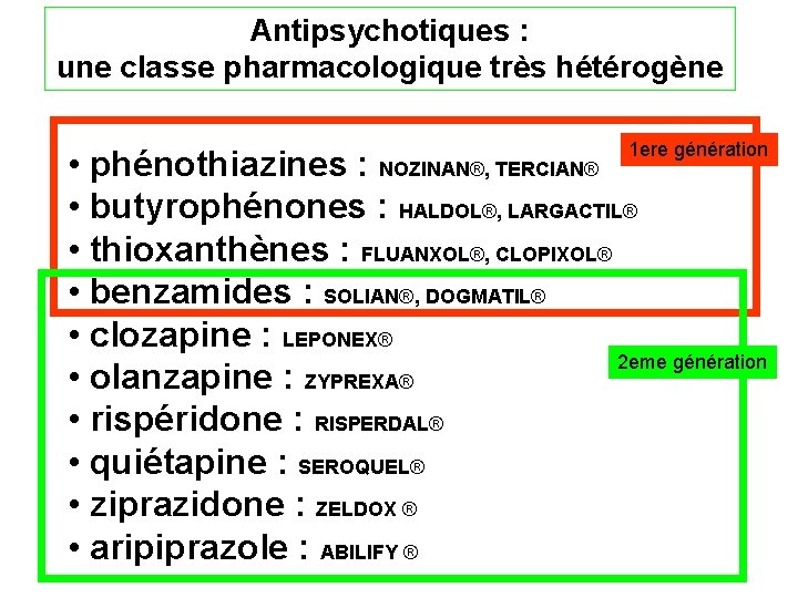 Antipsychotiques : une classe pharmacologique très hétérogène 1 ere génération • phénothiazines : NOZINAN®,