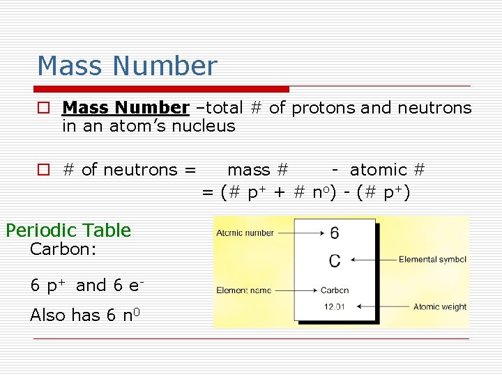 Mass Number o Mass Number –total # of protons and neutrons in an atom’s