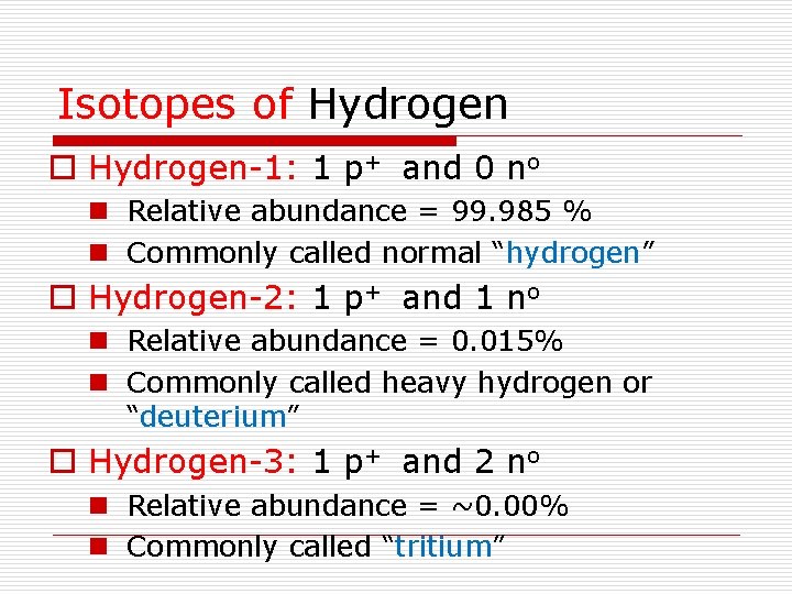 Isotopes of Hydrogen o Hydrogen-1: 1 p+ and 0 no n Relative abundance =