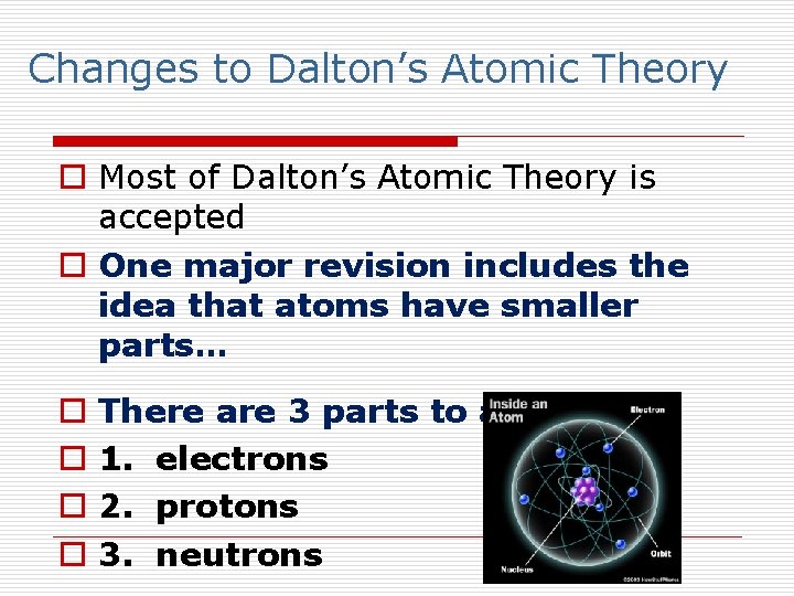 Changes to Dalton’s Atomic Theory o Most of Dalton’s Atomic Theory is accepted o