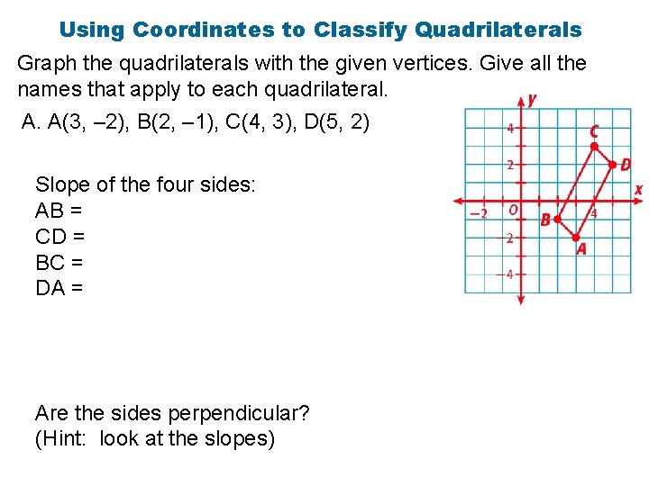 Using Coordinates to Classify Quadrilaterals Graph the quadrilaterals with the given vertices. Give all