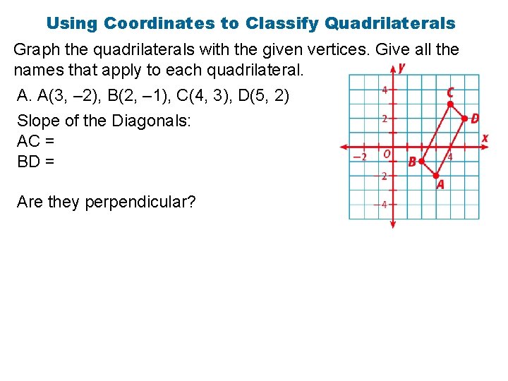 Using Coordinates to Classify Quadrilaterals Graph the quadrilaterals with the given vertices. Give all
