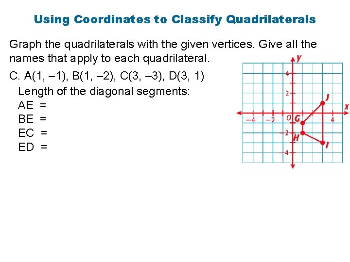 Using Coordinates to Classify Quadrilaterals Graph the quadrilaterals with the given vertices. Give all