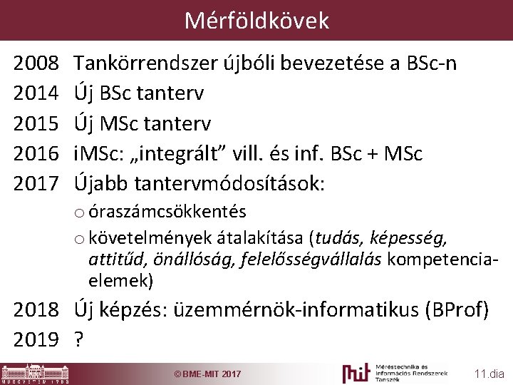 Mérföldkövek 2008 2014 2015 2016 2017 Tankörrendszer újbóli bevezetése a BSc-n Új BSc tanterv