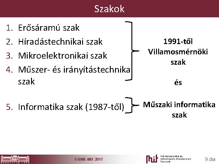 Szakok 1. 2. 3. 4. Erősáramú szak Híradástechnikai szak Mikroelektronikai szak Műszer- és irányítástechnika