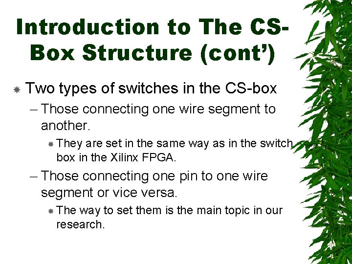Introduction to The CSBox Structure (cont’) Two types of switches in the CS-box –