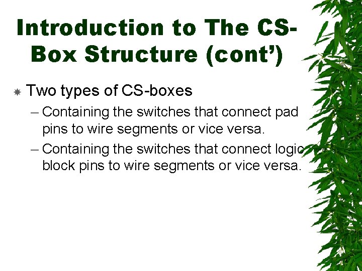 Introduction to The CSBox Structure (cont’) Two types of CS-boxes – Containing the switches