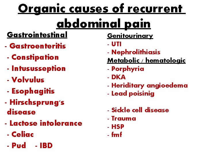 Organic causes of recurrent abdominal pain Gastrointestinal - Gastroenteritis - Constipation - Intususseption -