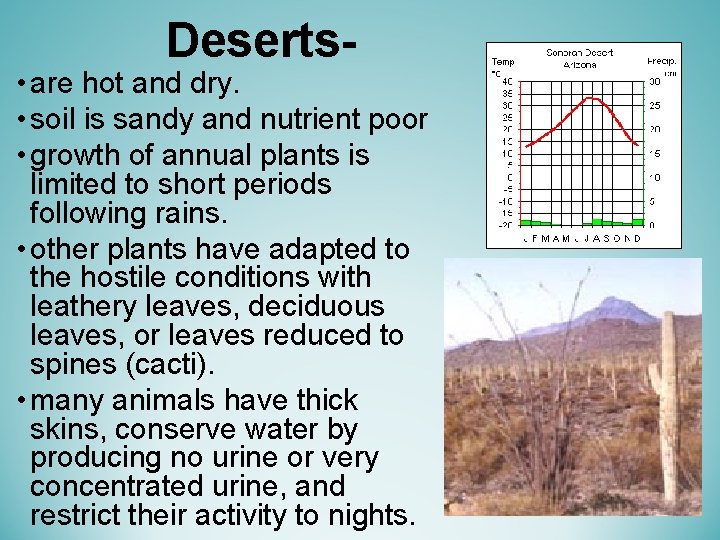 Deserts- • are hot and dry. • soil is sandy and nutrient poor •