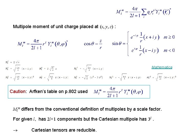 Multipole moment of unit charge placed at (x, y, z) : Mathematica Caution: Arfken’s