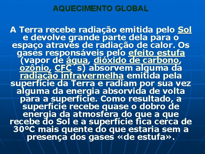 AQUECIMENTO GLOBAL A Terra recebe radiação emitida pelo Sol e devolve grande parte dela