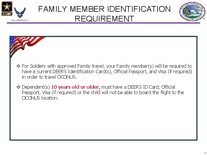 FAMILY MEMBER IDENTIFICATION REQUIREMENT v For Soldiers with approved Family travel, your Family member(s)