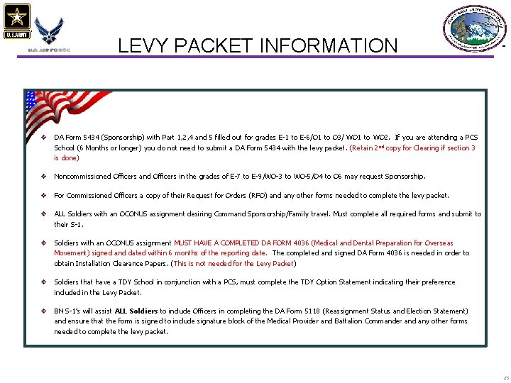 LEVY PACKET INFORMATION v DA Form 5434 (Sponsorship) with Part 1, 2, 4 and
