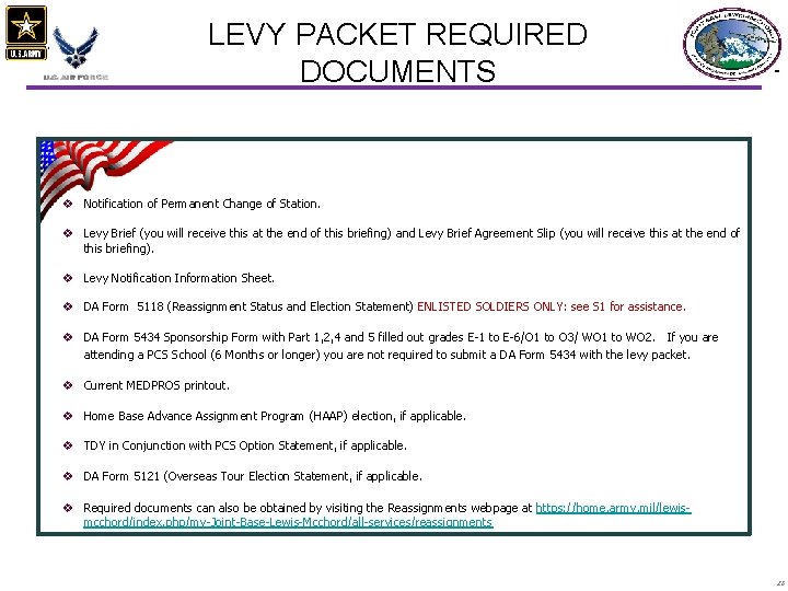 LEVY PACKET REQUIRED DOCUMENTS v Notification of Permanent Change of Station. v Levy Brief