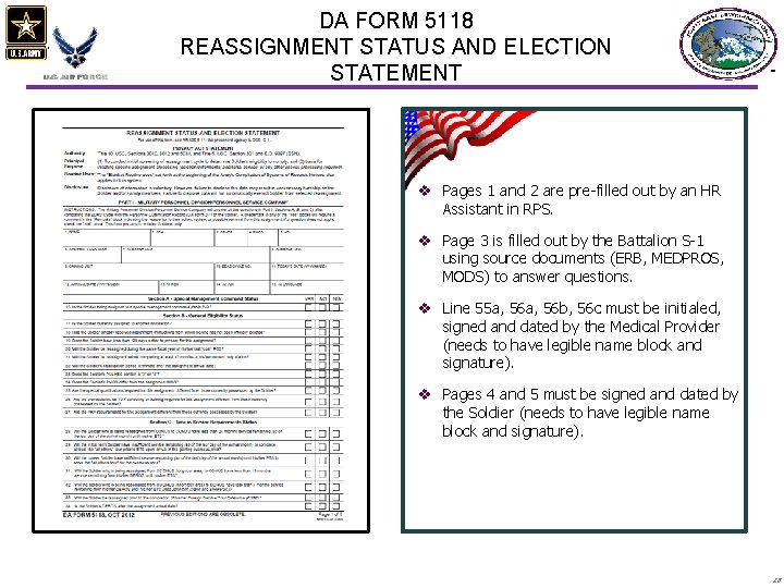 DA FORM 5118 REASSIGNMENT STATUS AND ELECTION STATEMENT v Pages 1 and 2 are