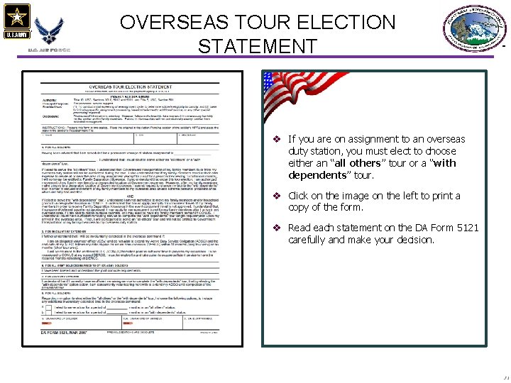 OVERSEAS TOUR ELECTION STATEMENT v If you are on assignment to an overseas duty