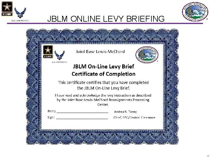 JBLM ONLINE LEVY BRIEFING Joint Base Lewis-Mc. Chord This certificate certifies that you have