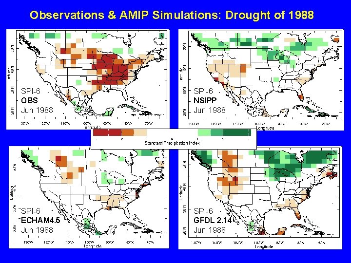 Observations & AMIP Simulations: Drought of 1988 SPI-6 OBS Jun 1988 SPI-6 NSIPP Jun