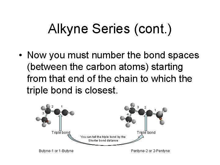 Alkyne Series (cont. ) • Now you must number the bond spaces (between the