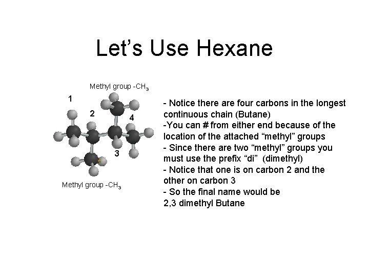 Let’s Use Hexane Methyl group -CH 3 1 2 4 3 Methyl group -CH