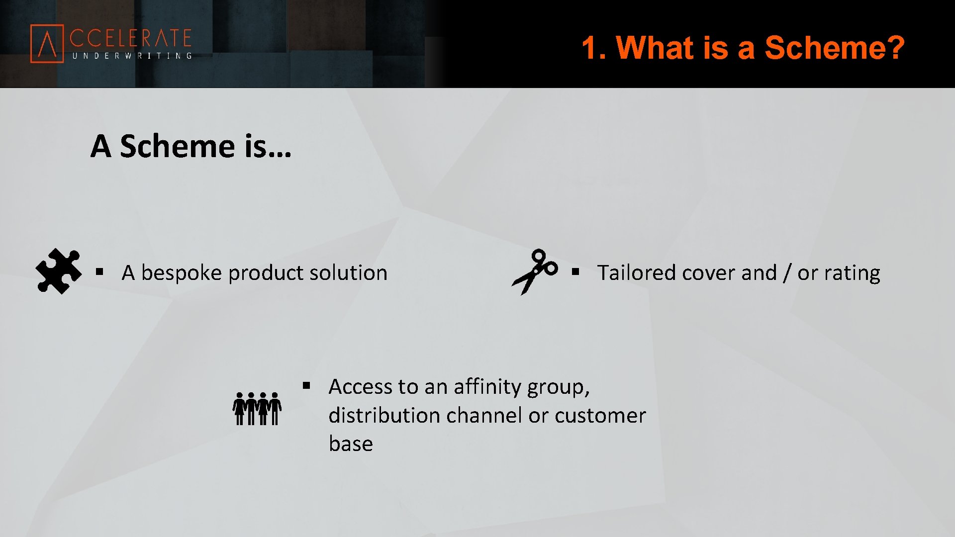 1. What is a Scheme? A Scheme is… § A bespoke product solution §