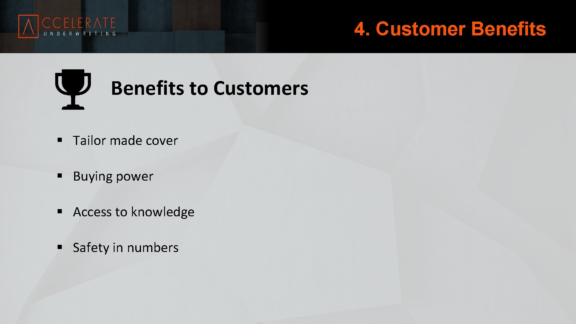 4. Customer Benefits to Customers § Tailor made cover § Buying power § Access