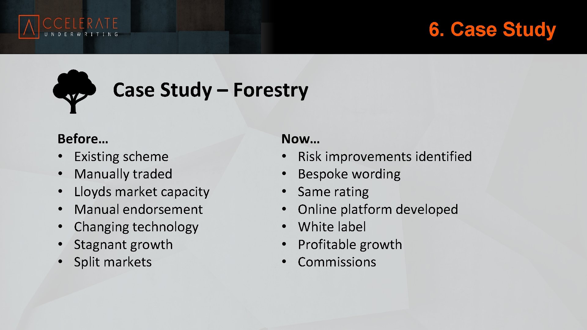 6. Case Study – Forestry Before… • Existing scheme • Manually traded • Lloyds