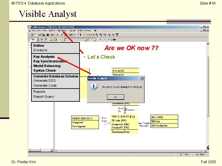 MIT 5314: Database Applications Slide # 61 Visible Analyst Define Divisions Key Analysis Key