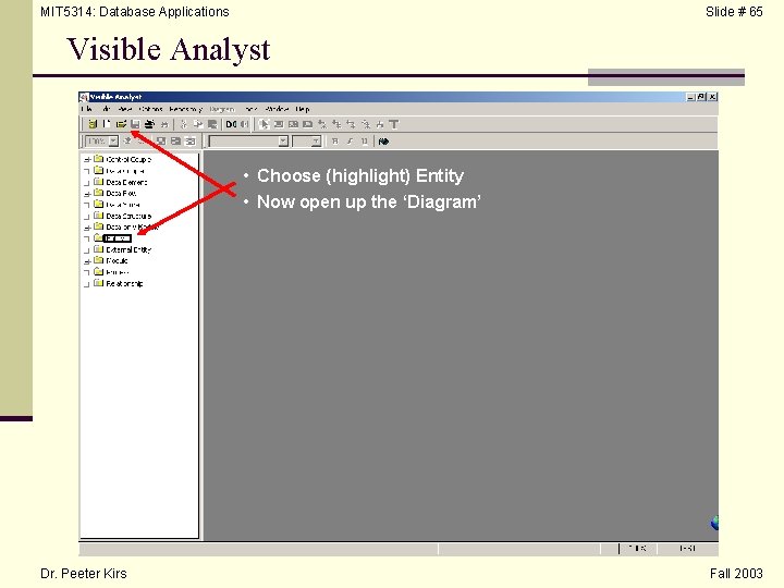 MIT 5314: Database Applications Slide # 65 Visible Analyst • Choose (highlight) Entity •