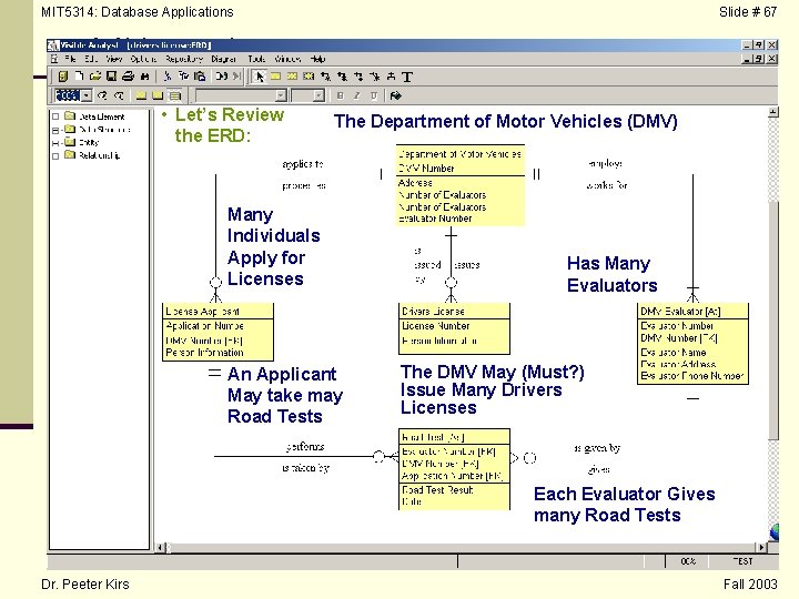 MIT 5314: Database Applications Slide # 67 Visible Analyst • Let’s Review the ERD: