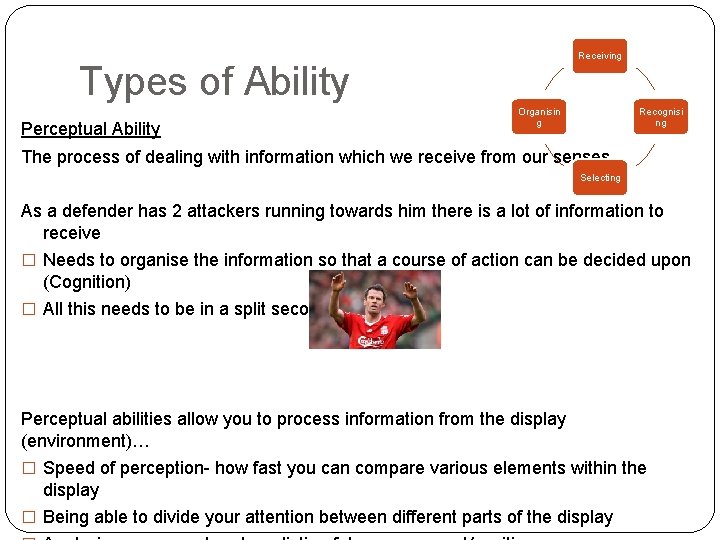 Receiving Types of Ability Perceptual Ability Organisin g Recognisi ng The process of dealing