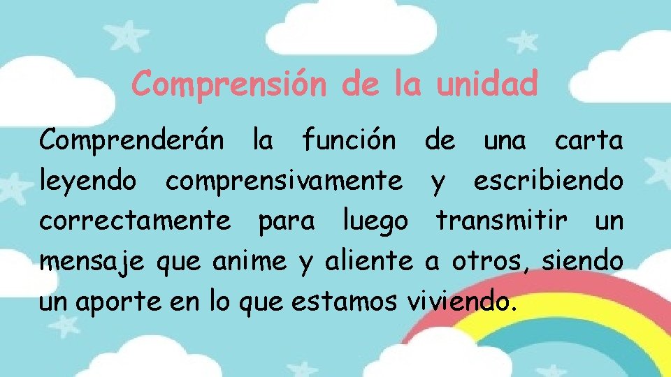 Comprensión de la unidad Comprenderán la función de una carta leyendo comprensivamente y escribiendo