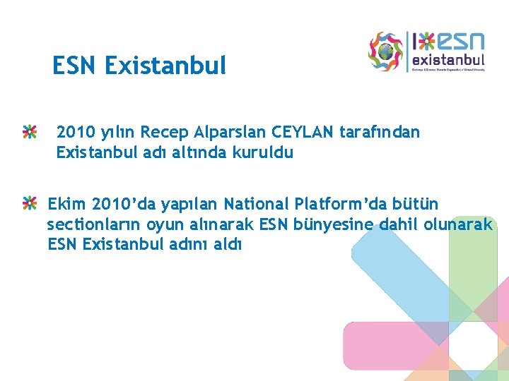 ESN Existanbul 2010 yılın Recep Alparslan CEYLAN tarafından Existanbul adı altında kuruldu Ekim 2010’da
